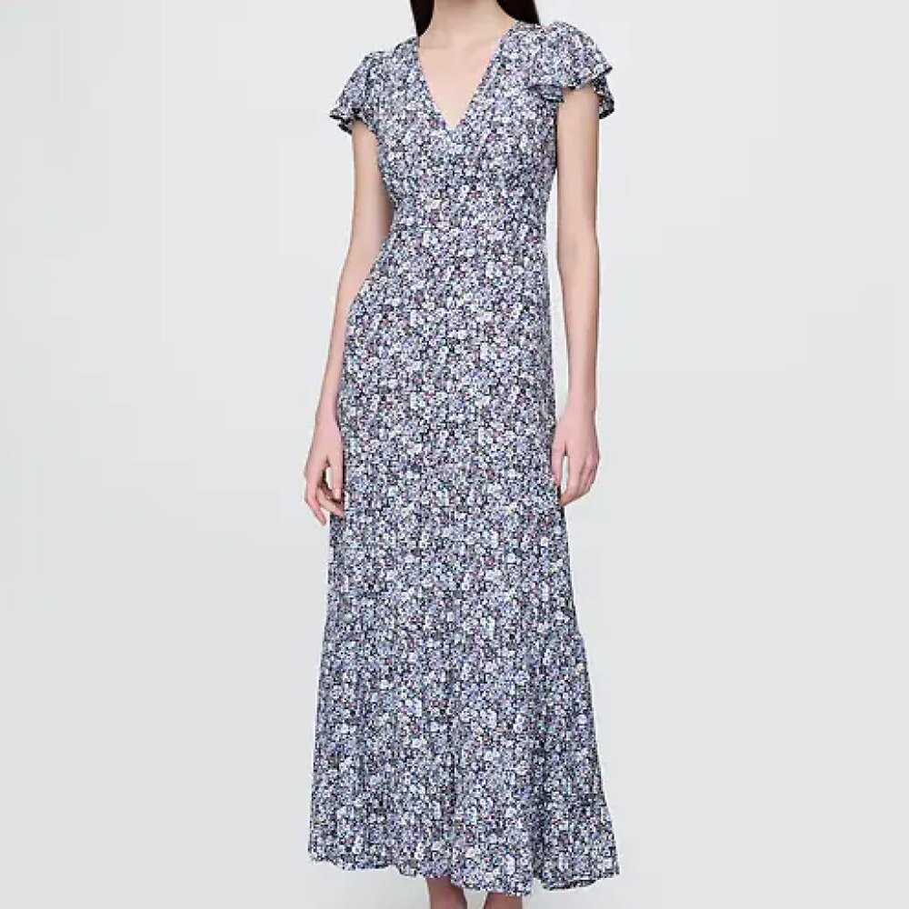 NWT Crepe Tiered V-Neck Maxi Dress, M Blue Floral, GAP